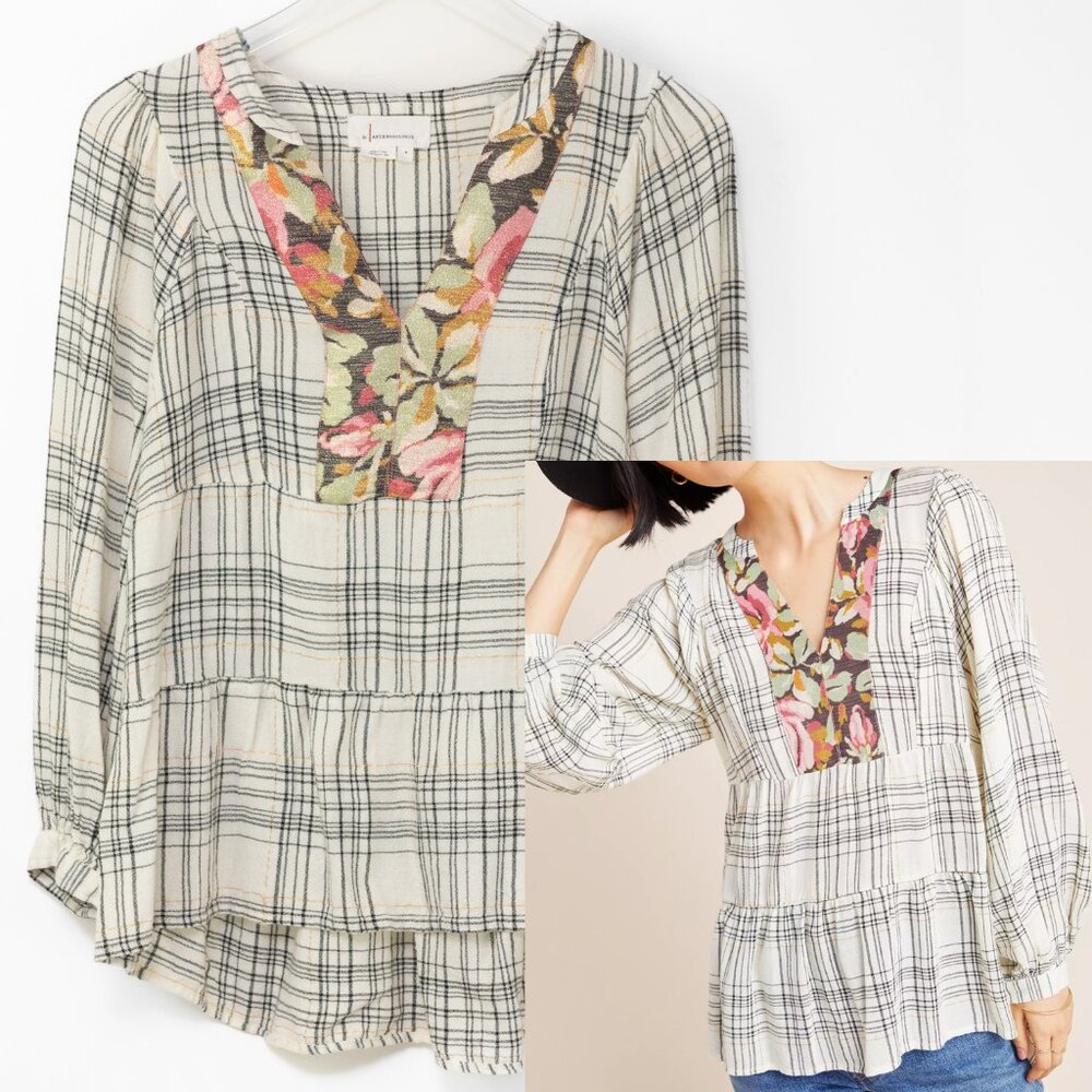 Anthropologie Darlene Plaid Peasant Blouse Plaid Top Floral Yoke Size Small
